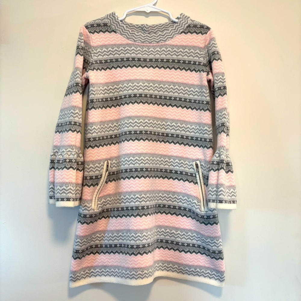 Janie and Jack Pastel Pink & Gray Fair Isle Long Bell Sleeve Dress Girl Size 6